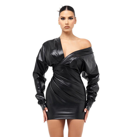 Odianna – Damen-Partykleid aus PU-Leder mit langen Ärmeln