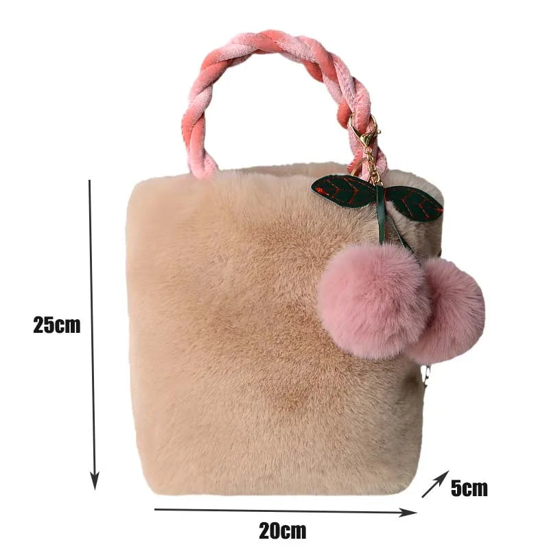 Sac à Main Fausse Fourrure avec Pendentif Cerise