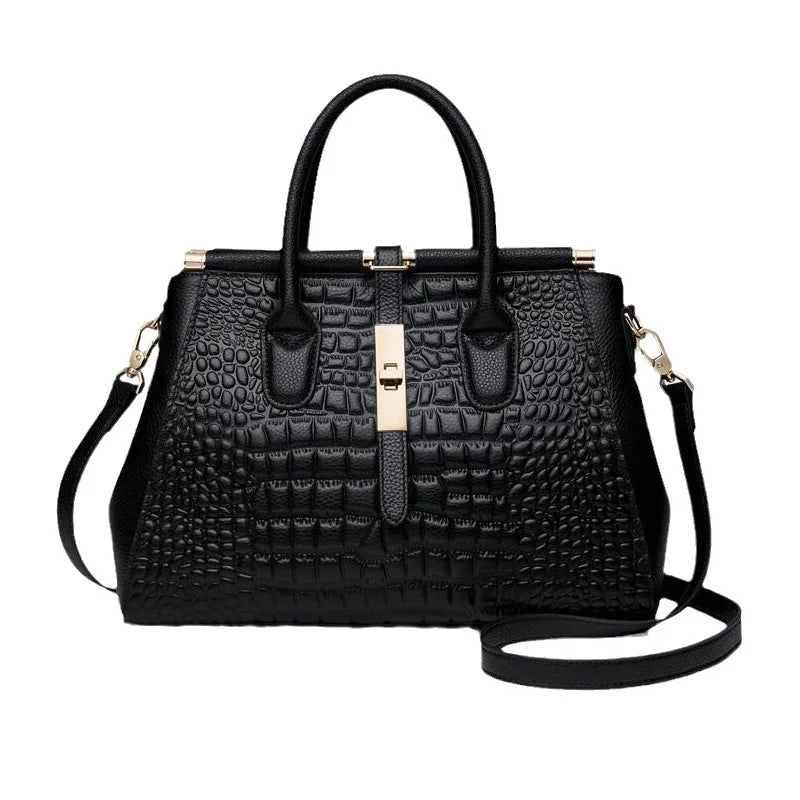 Sac à Main en Cuir Femme Noir Motif Crocodile