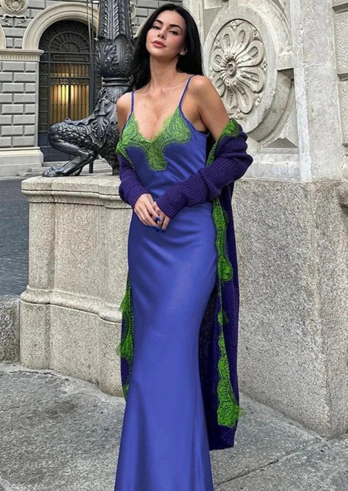 Robe de soirée longue en dentelle patchwork