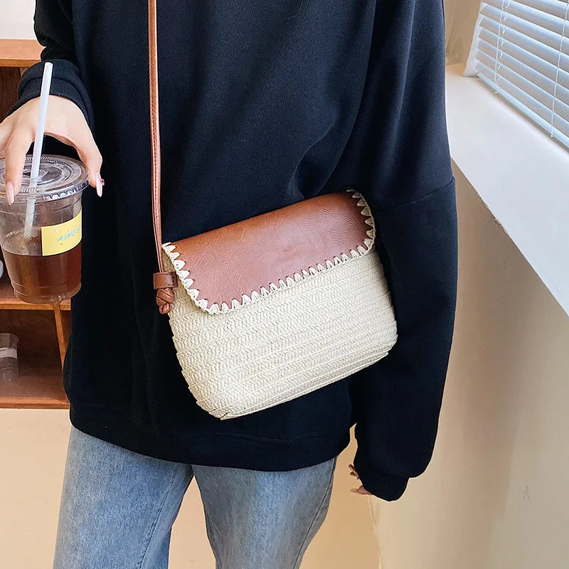 Sac en Paille Marron et Beige à Bandoulière