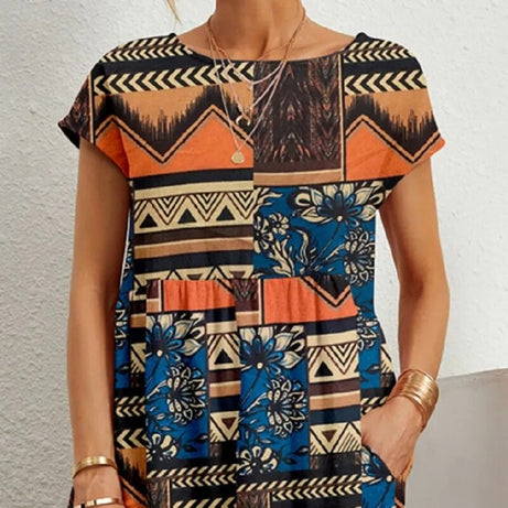 Sparoo Damen Bohemian-Kleid mit kurzen Ärmeln und Rundhalsausschnitt
