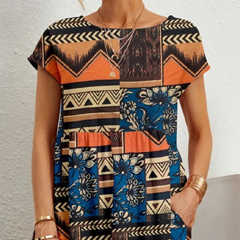 Sparoo Damen Bohemian-Kleid mit kurzen Ärmeln und Rundhalsausschnitt