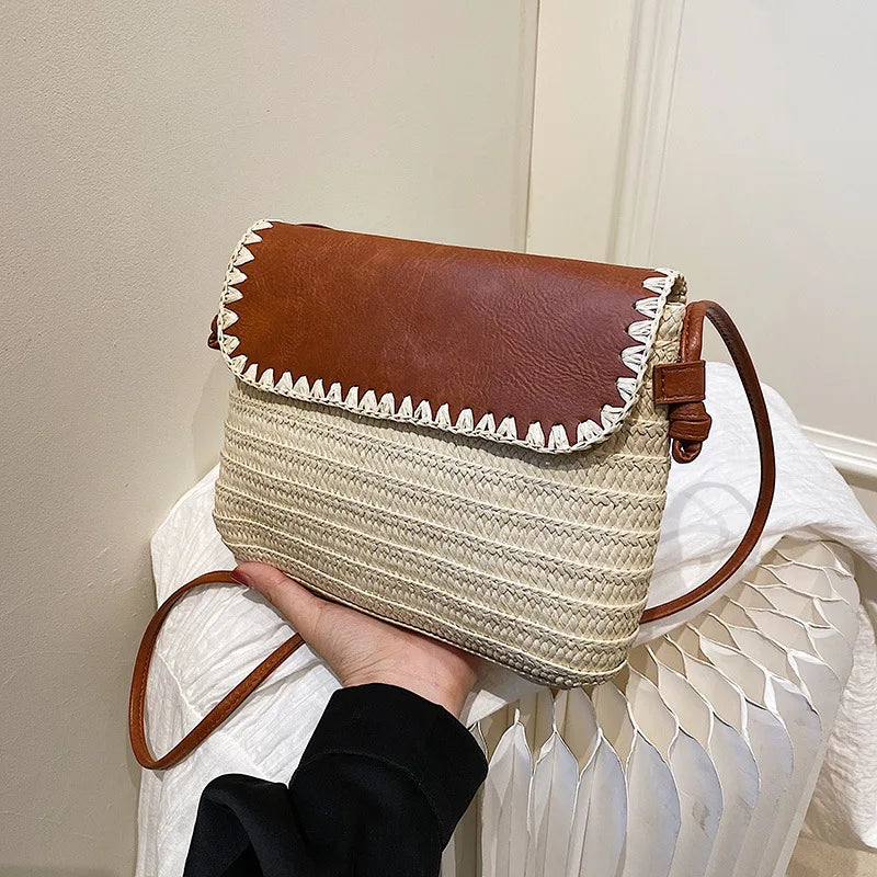 Sac en Paille Marron et Beige à Bandoulière