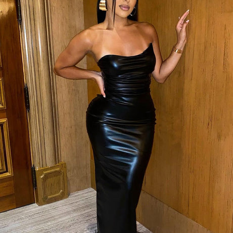 Marta - Robe soirée longue noire en cuir Pu pour femme