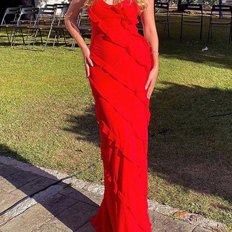 Betty – Elegantes Maxi-Abendkleid mit Rüschen und tiefem V-Ausschnitt für Damen