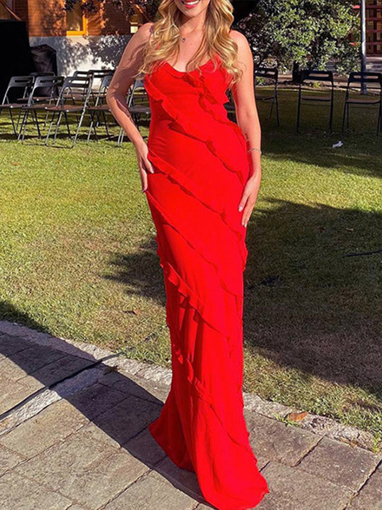 Betty – Elegantes Maxi-Abendkleid mit Rüschen und tiefem V-Ausschnitt für Damen