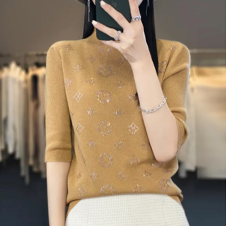 Damenpullover mit halblangen Ärmeln und halbhohem Kragen