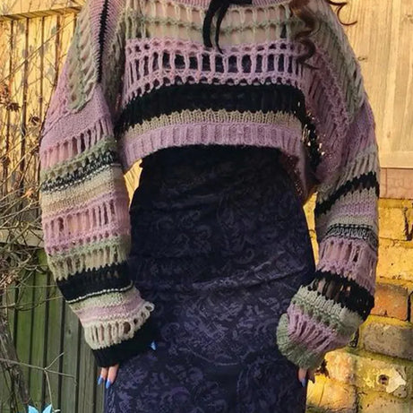 Damen-Pullover mit ausgehöhltem, gestreiftem Fischnetz