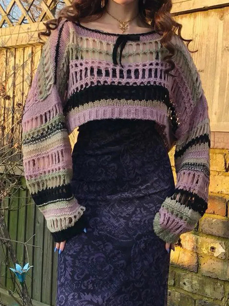 Damen-Pullover mit ausgehöhltem, gestreiftem Fischnetz