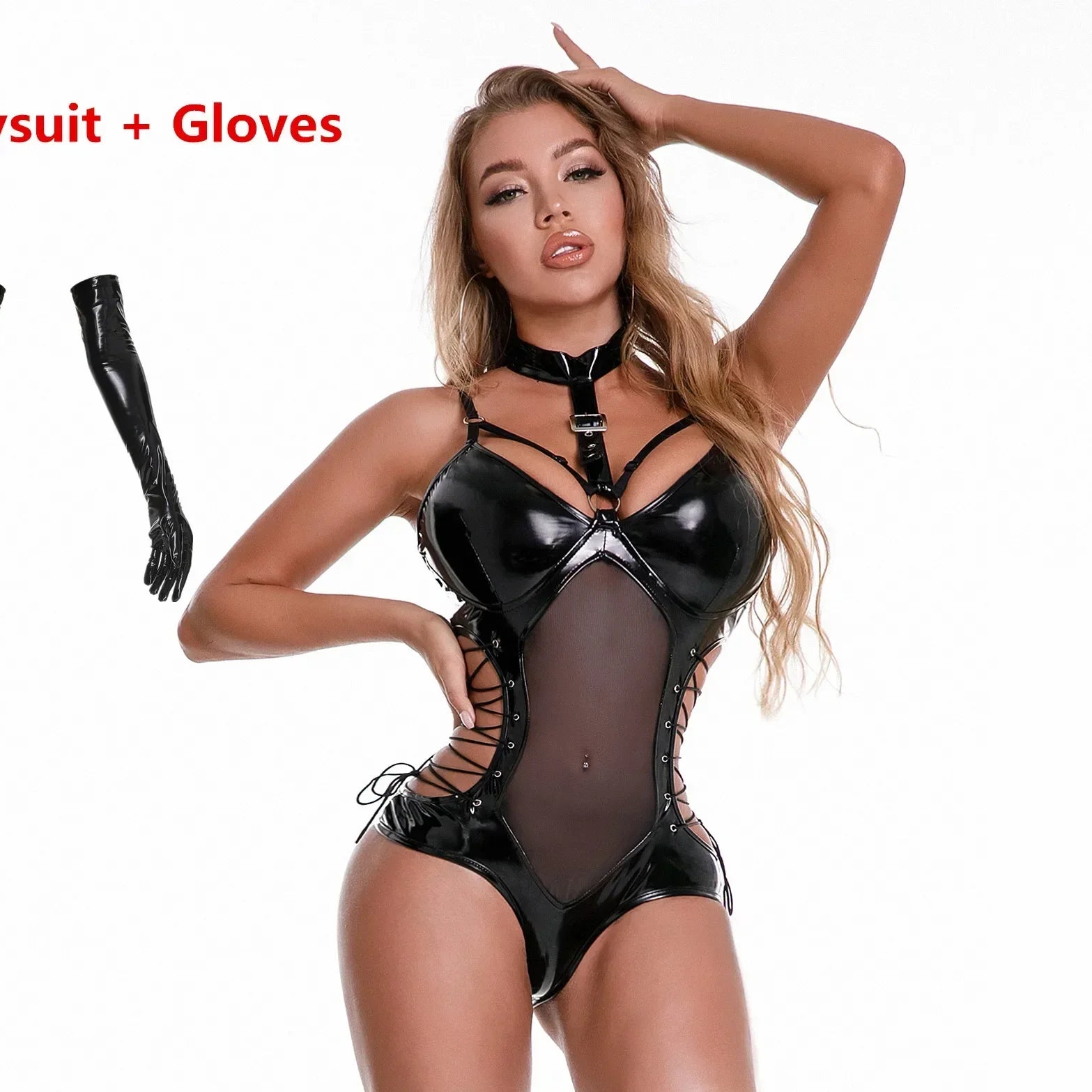 Robe libertine - Catsuit en cuir PU brillant avec zip et ouvertures