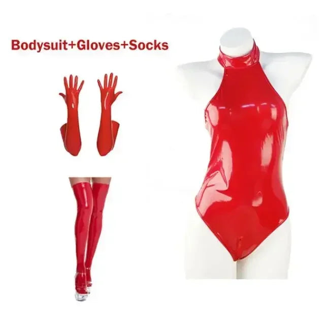 Robe libertine - Catsuit en cuir PU brillant avec zip et ouvertures