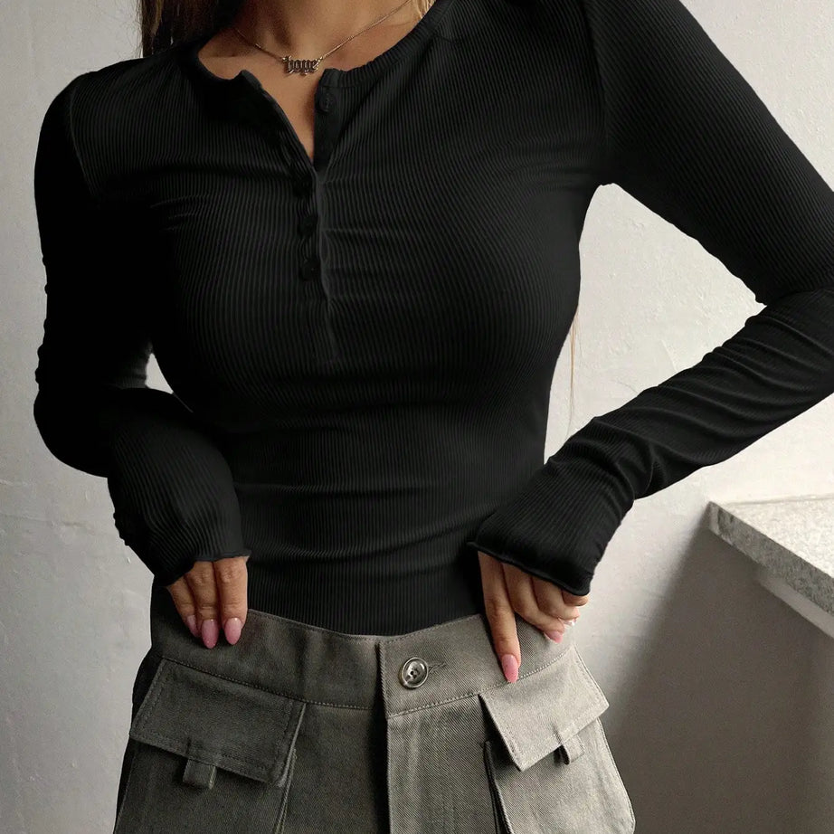 Haut Femme Côtelé à Manches Longues – T-Shirt Henley avec Boutons