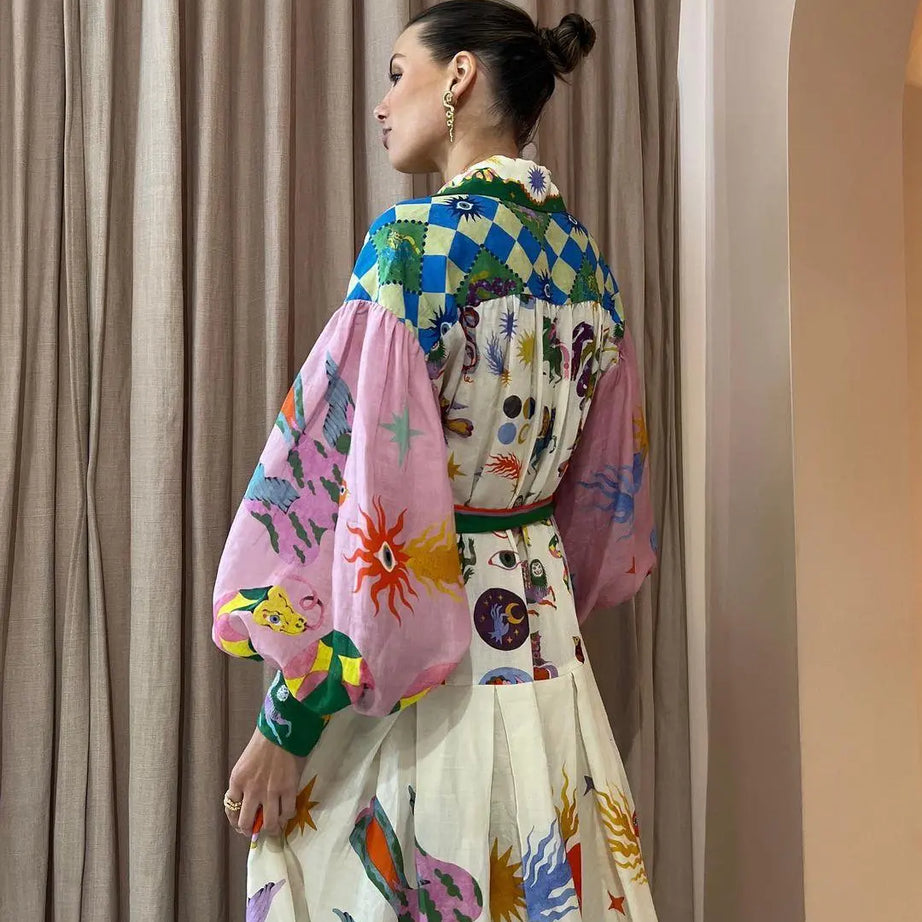 Robe longue vintage imprimé à col polo pour femme