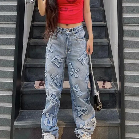 Yadoo Damen-Patchwork-Jeans