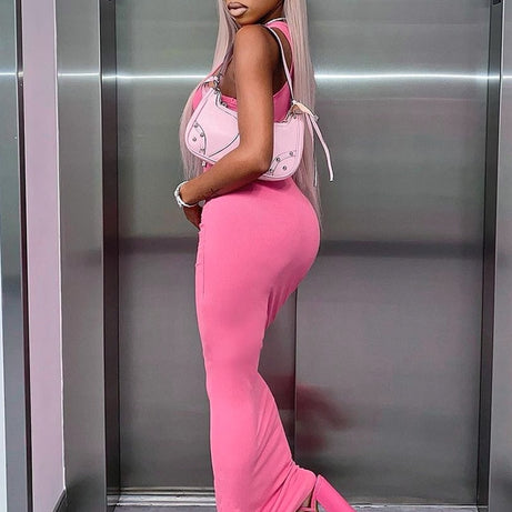 Robe longue crayon rose moulante pour femme - Spooky