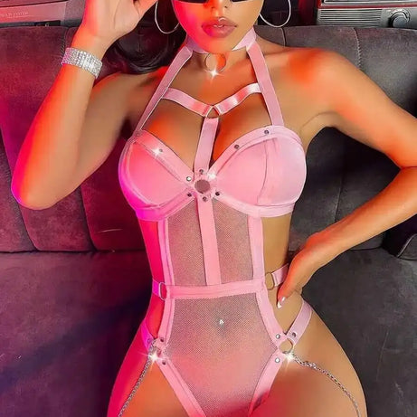New Black Mesh Metal Chain Paired With A Slimming One-piece Sexy Shine Steel Ring Bodysuits Backless Wrap Chest Charming 50FO