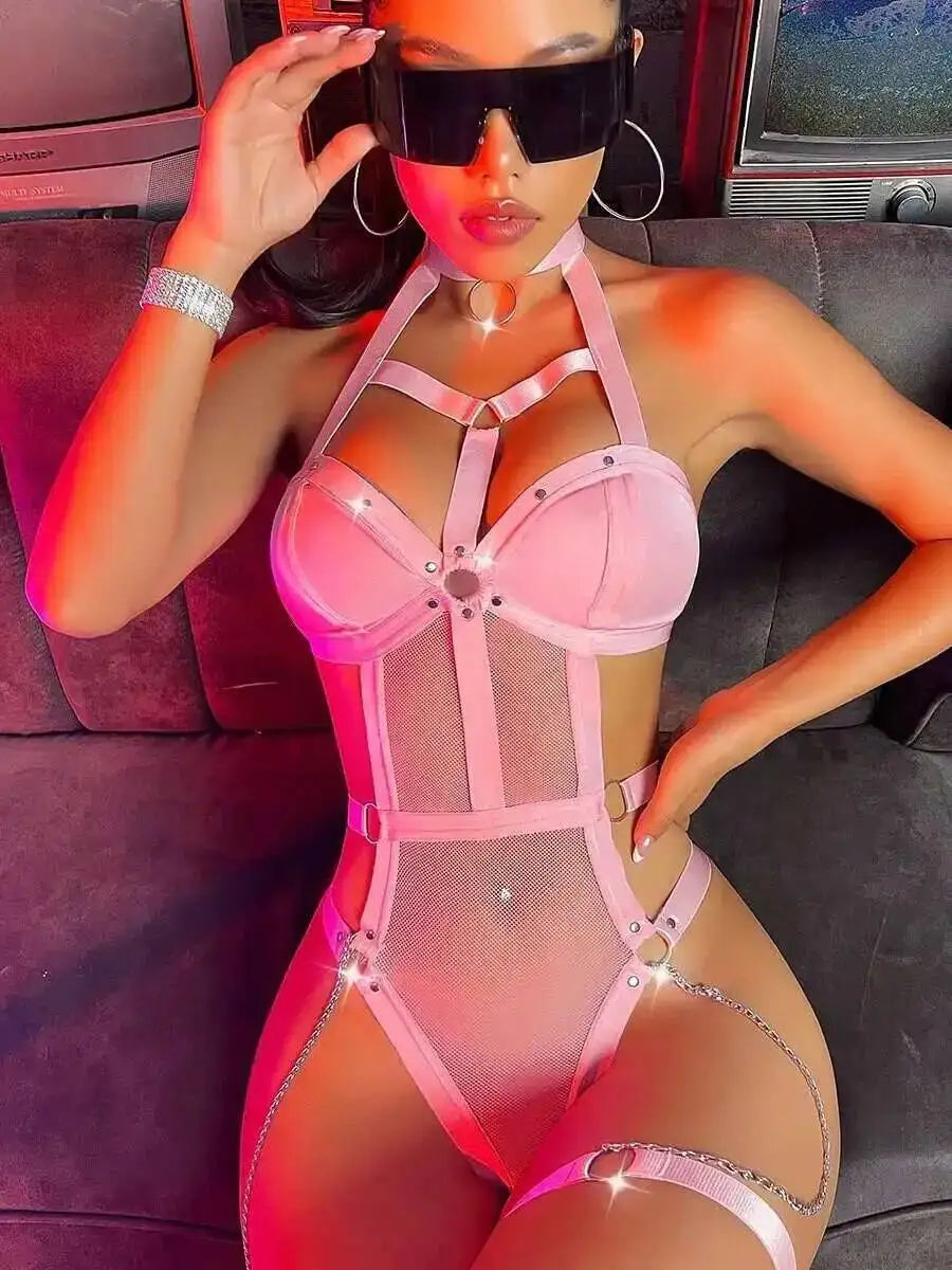 New Black Mesh Metal Chain Paired With A Slimming One-piece Sexy Shine Steel Ring Bodysuits Backless Wrap Chest Charming 50FO