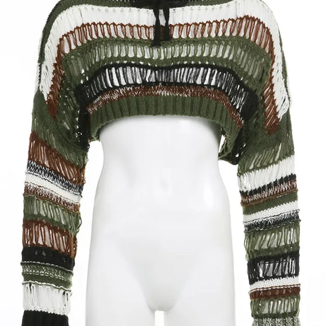 Damen-Pullover mit ausgehöhltem, gestreiftem Fischnetz