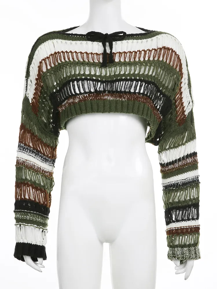 Damen-Pullover mit ausgehöhltem, gestreiftem Fischnetz