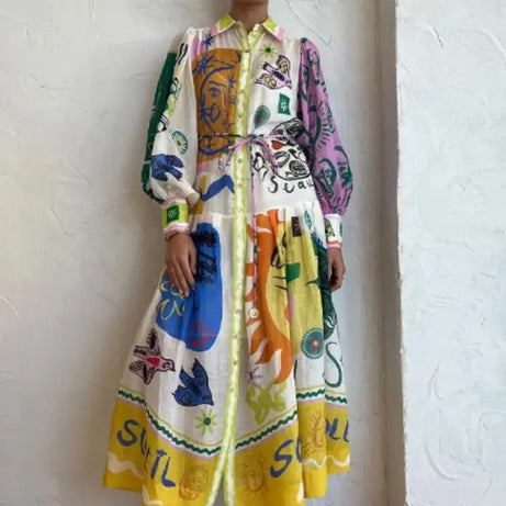 Robe longue vintage imprimé à col polo pour femme