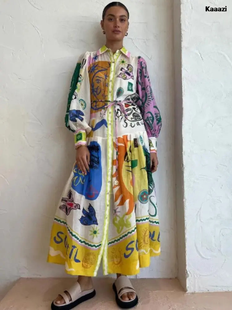 Robe longue vintage imprimé à col polo pour femme