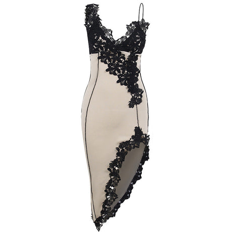 Camille - Robe soirée mi-longue en dentelle à col en V pour femmes