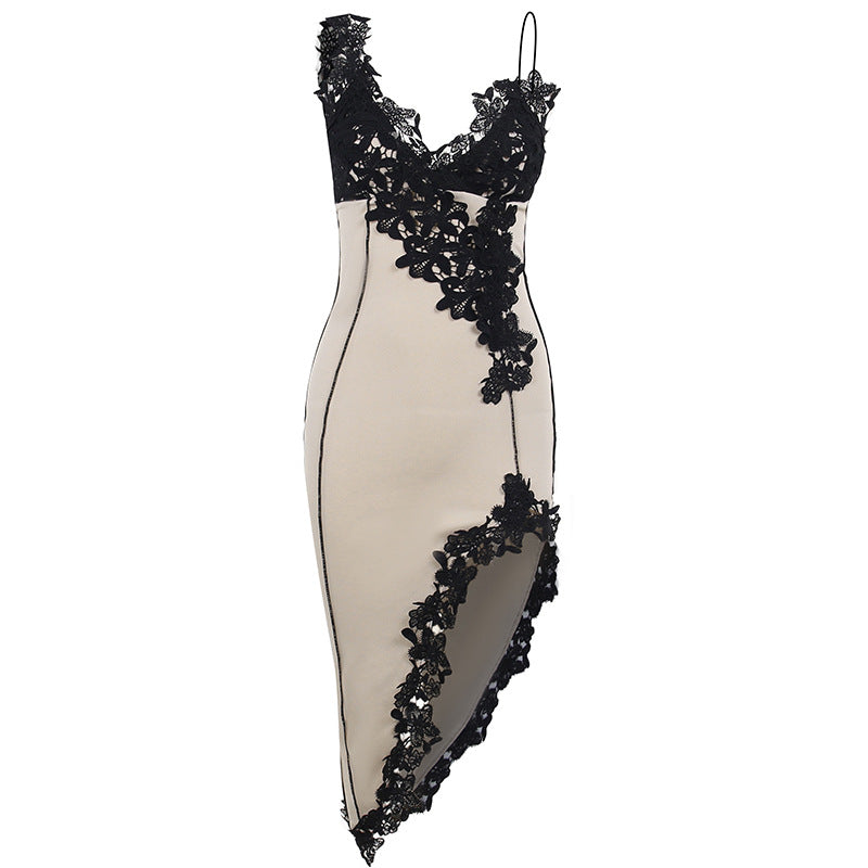 Camille - Robe soirée mi-longue en dentelle à col en V pour femmes