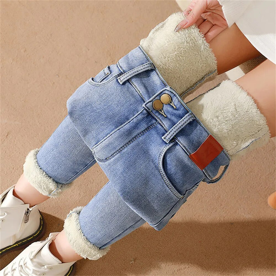Jike warme Damenjeans mit mittelhohem Bund