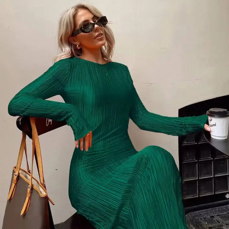 Sandrine – Langes Damen-Abendkleid mit ausgestellten Ärmeln und Rundhalsausschnitt für Damen