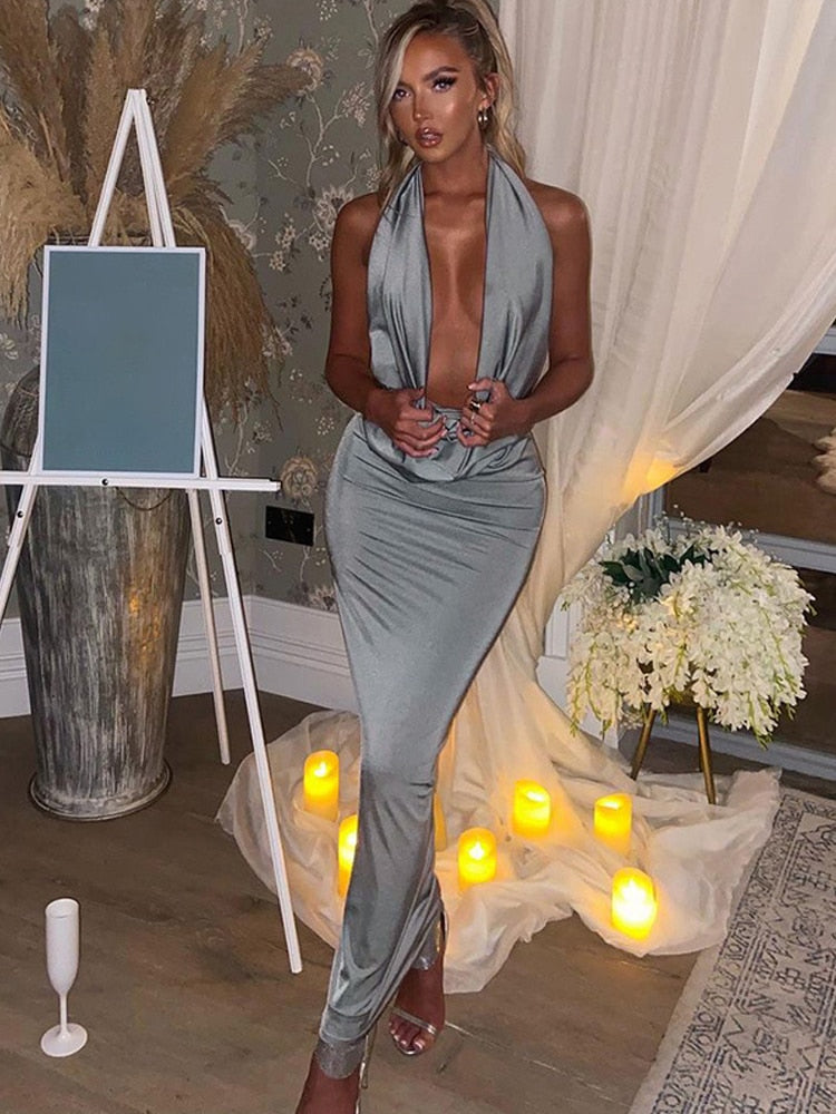 Sexy rückenfreies langes Kleid mit V-Ausschnitt für Damen – Atlantic