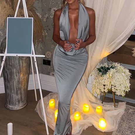 Paula - Robe soirée longue à col en V et dos nu pour femme