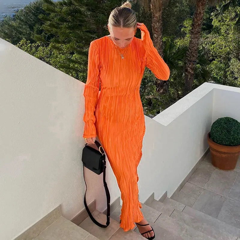 Sandrine – Langes Damen-Abendkleid mit ausgestellten Ärmeln und Rundhalsausschnitt für Damen