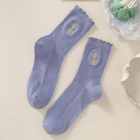 Chaussettes femme longues rayures avec broderie florale London
