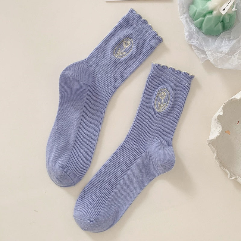 Chaussettes femme longues rayures avec broderie florale London