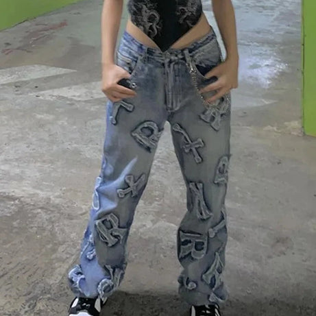 Yadoo Damen-Patchwork-Jeans