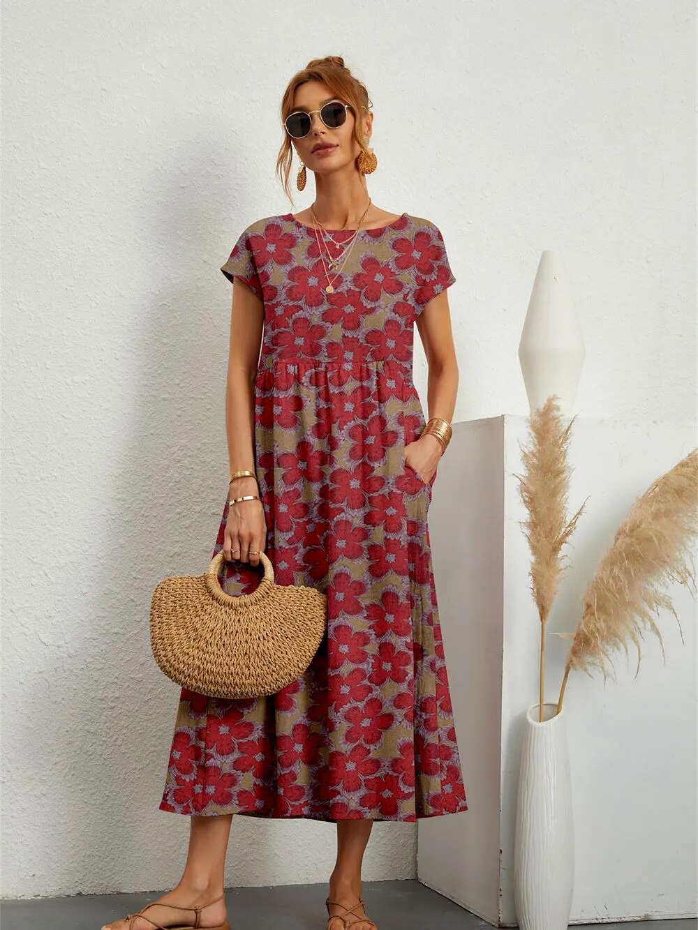 Sparoo Damen Bohemian-Kleid mit kurzen Ärmeln und Rundhalsausschnitt