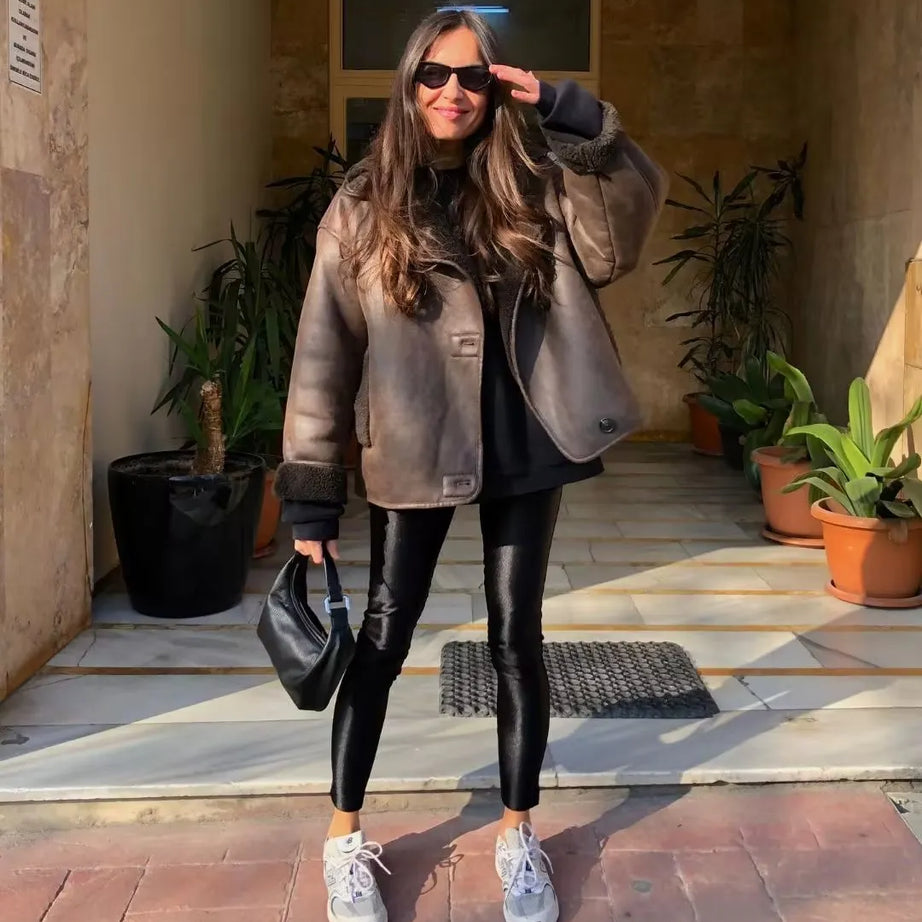 Veste Chaude en PU avec Poches pour Femme