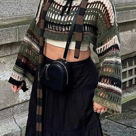 Damen-Pullover mit ausgehöhltem, gestreiftem Fischnetz