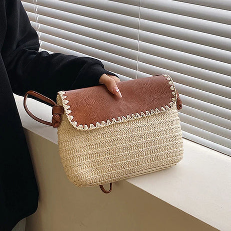 Sac en Paille Marron et Beige à Bandoulière