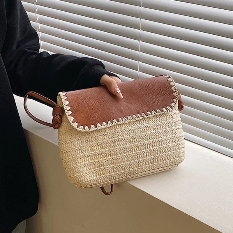 Sac en Paille Marron et Beige à Bandoulière