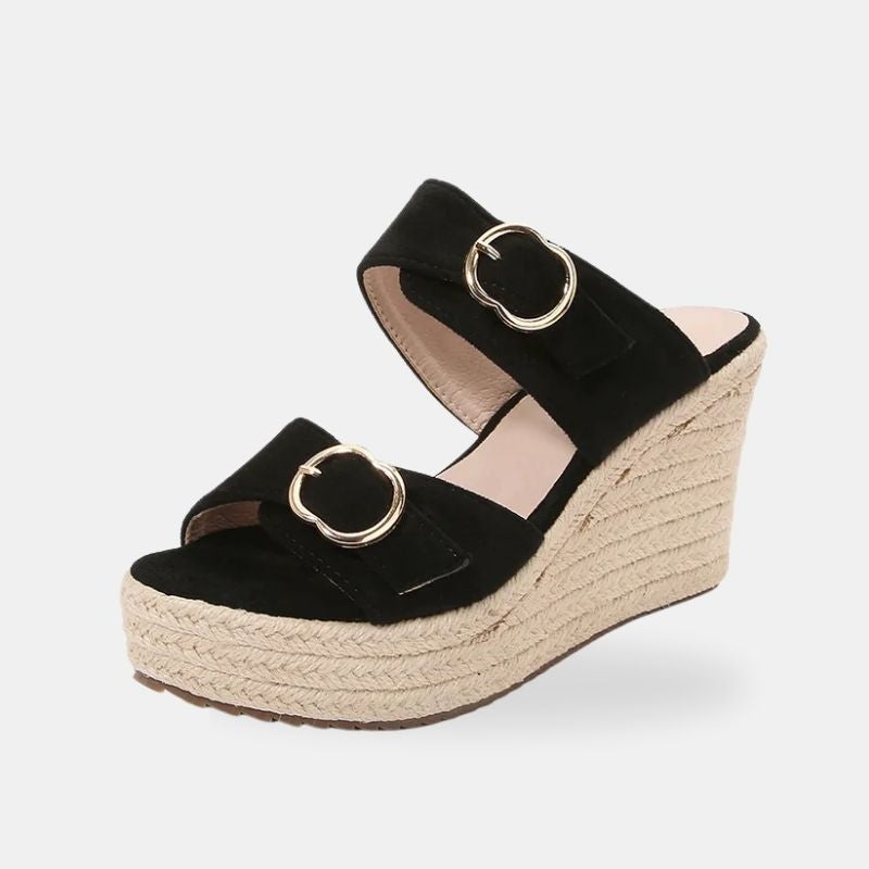 Sandale Talon Compensée Style Pantoufle Noire