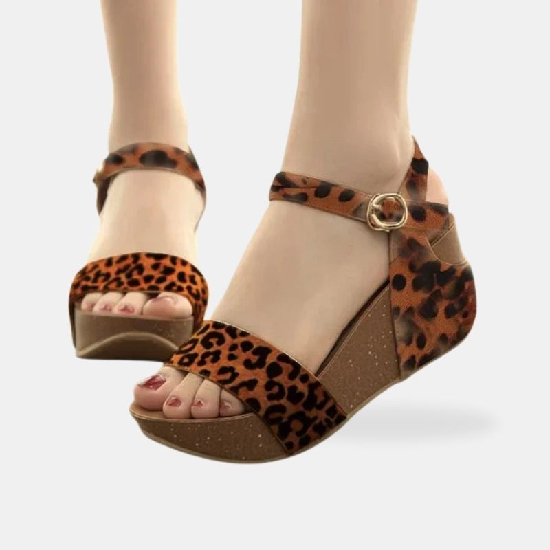 Sandale Talon Compensée avec Motifs Léopard