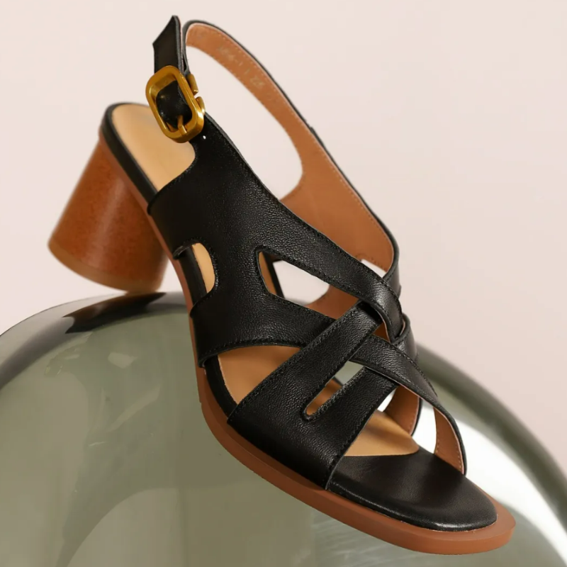Sandale à Talon Rond en Cuir Véritable
