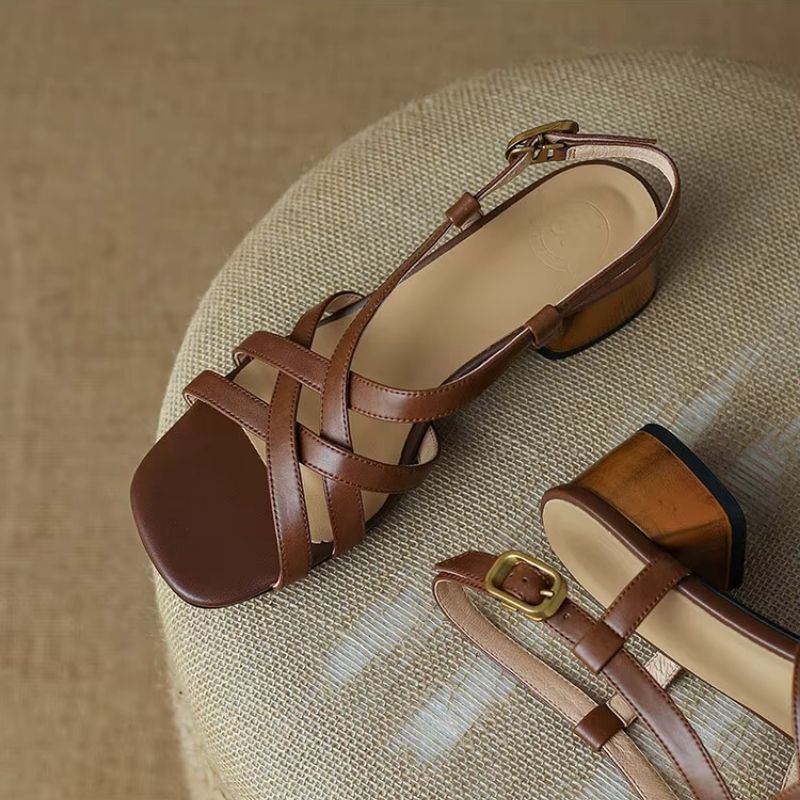 Sandales à Talons Épais en Cuir Véritable