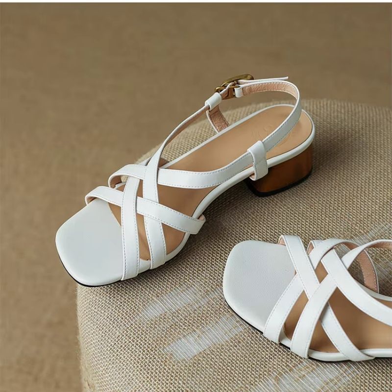 Sandales à Talons Épais en Cuir Véritable