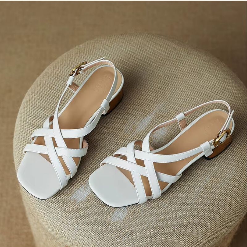 Sandales à Talons Épais en Cuir Véritable