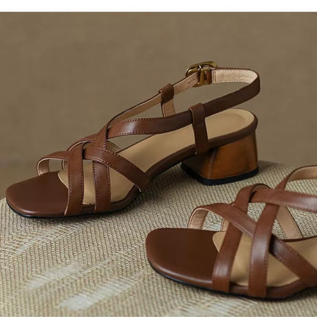 Sandales à Talons Épais en Cuir Véritable
