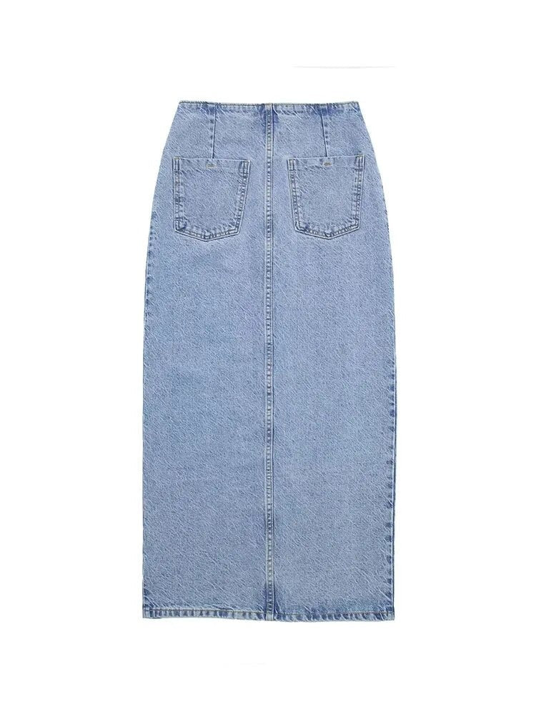 Jupe en jean longue rétro décontracté avec bouton pour femme