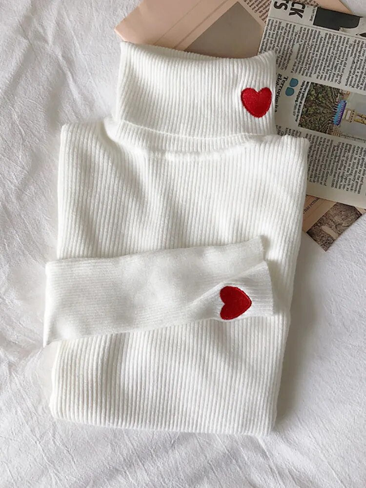 Rollkragenpullover mit Herzstickerei für Damen